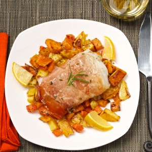 Prosciutto Wrapped Fish with Roasted Root Vegetables